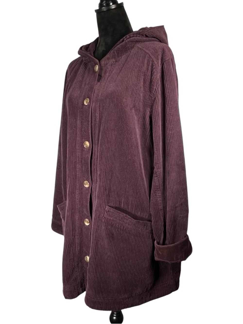 J. Jill Purple Corduroy Coat Hooded Button-Up Long Jacket Velvet Plum Spring - Picture 4 of 11